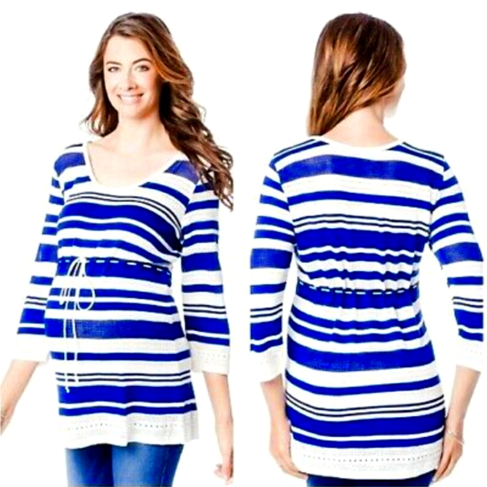 Motherhood Maternity Striped  Babydoll Pointelle Sweater with Drawstring Tie